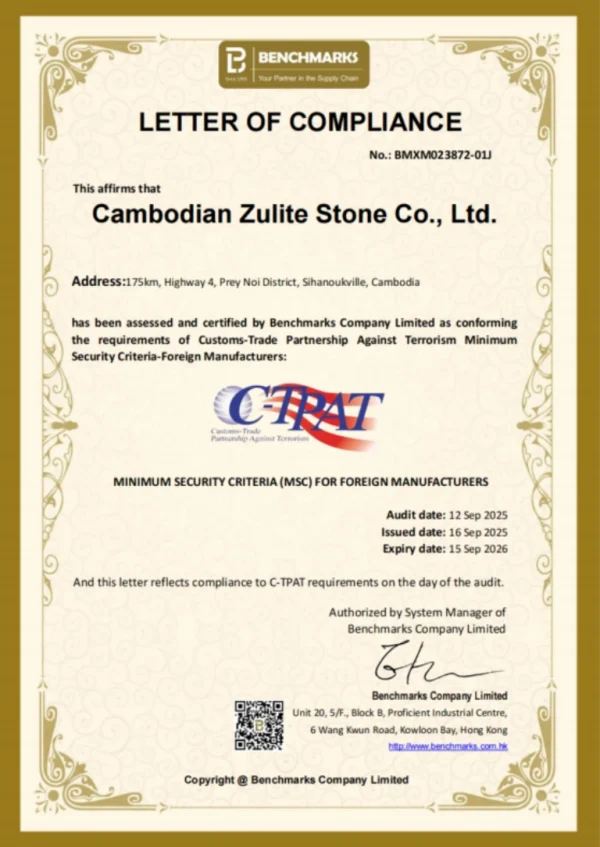 Cambodian Zulite Stone &ndash; C-TPAT Letter of Compliance